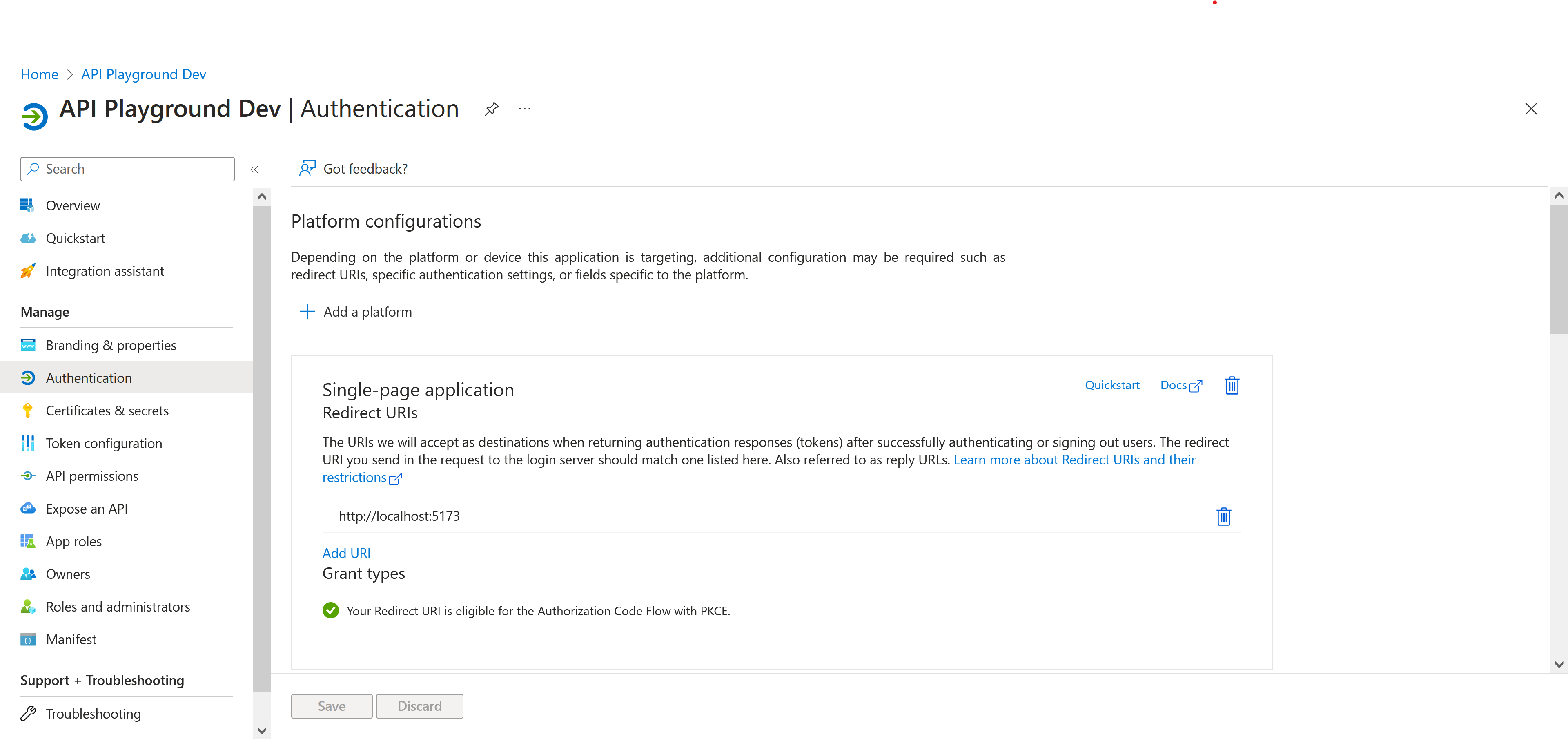 Applications page on Azure with SPA OAuth2
application